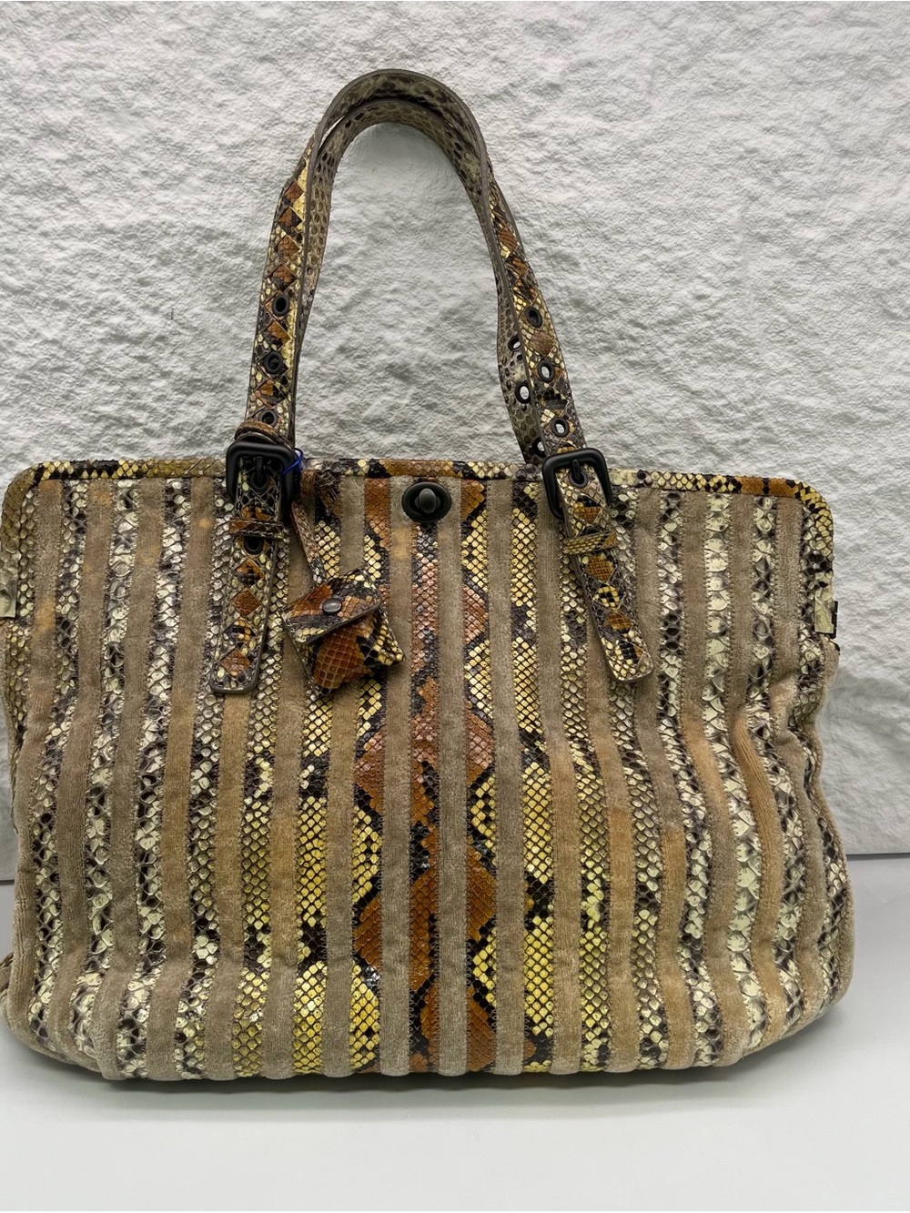 Striped Snakeskin-Accent Tote Bag in Tan & Gold